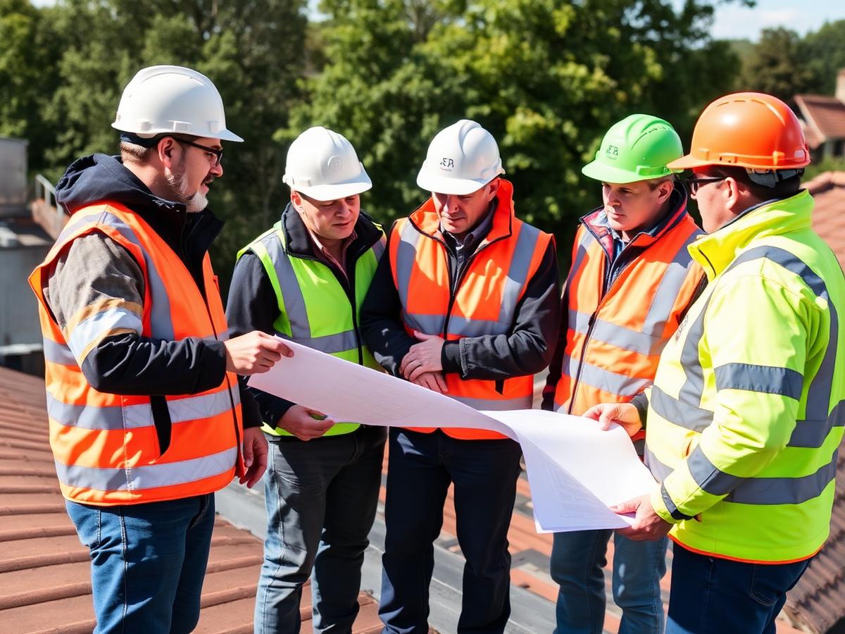 UK roofing crew reviewing plans on site