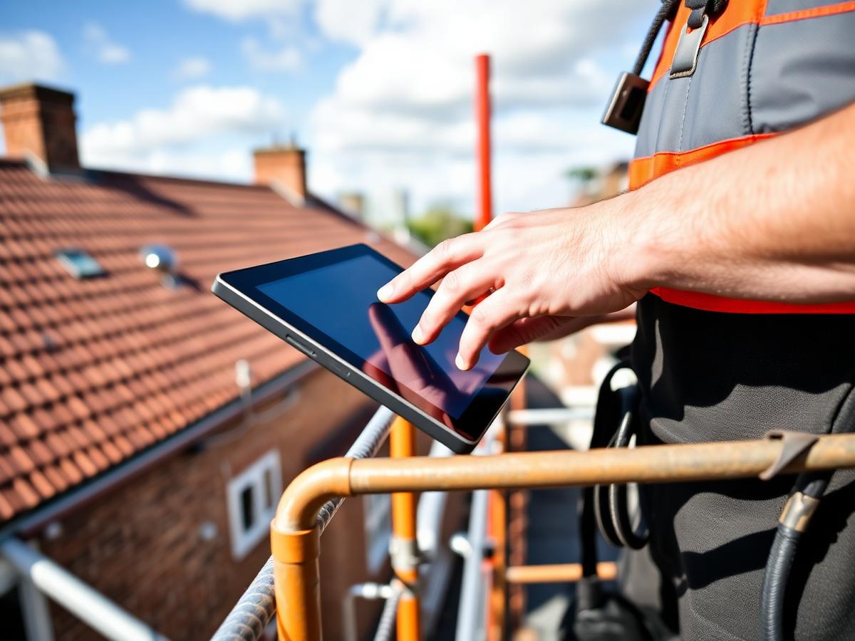 Roofer using a tablet on scaffolding